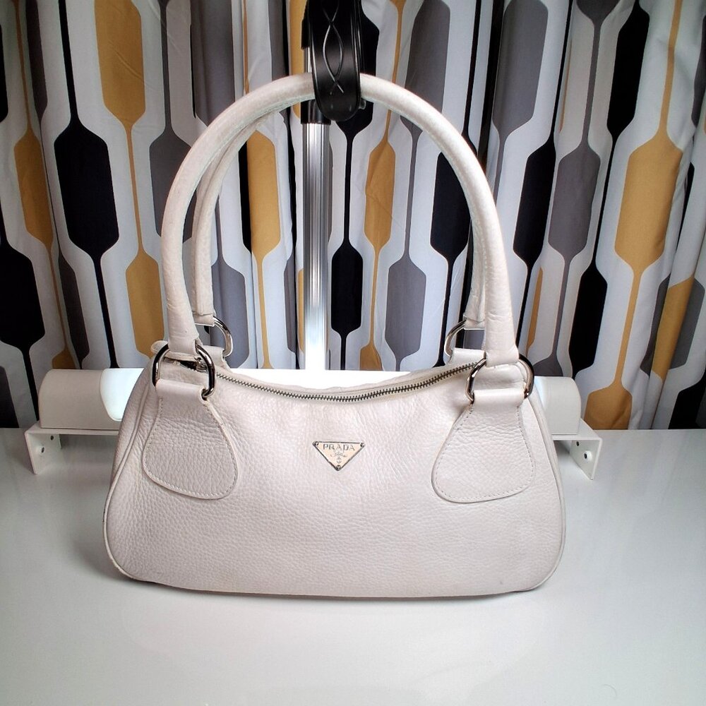 Vintage Prada Hobo Handbag Pebbled White Leather Medium Size